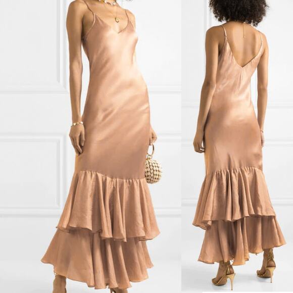 MES DESMOISELLES 'Marmalade' Silk Satin Bias Ruffled Maxi Gown FR 38 US 6 - Picture 2 of 13